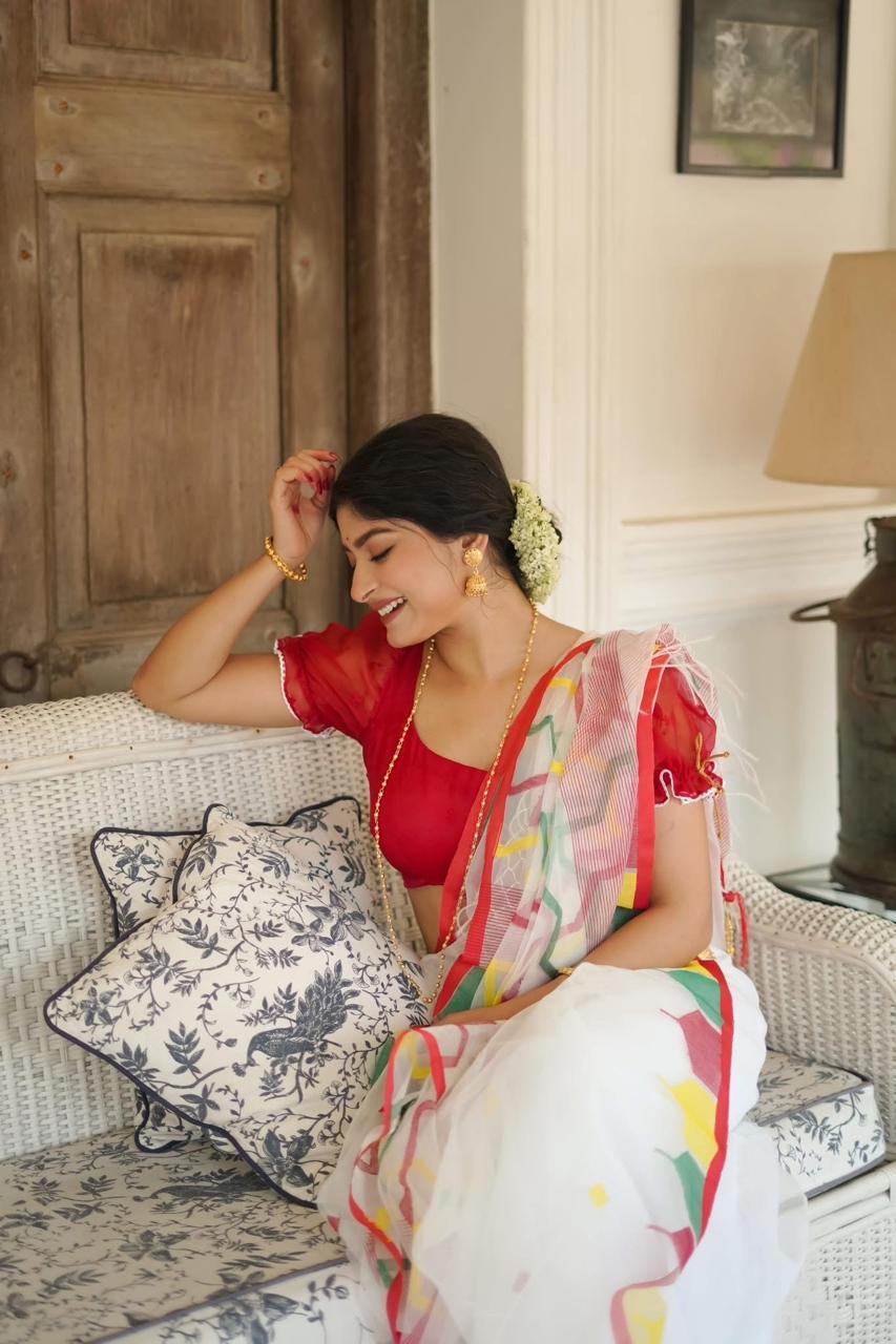 Handloom Cotton Saree – White with Multicolor Border | Festive Bengali Style