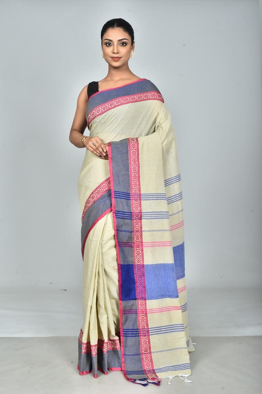 Handloom Cotton Saree — Contrast Border (5 Colors)