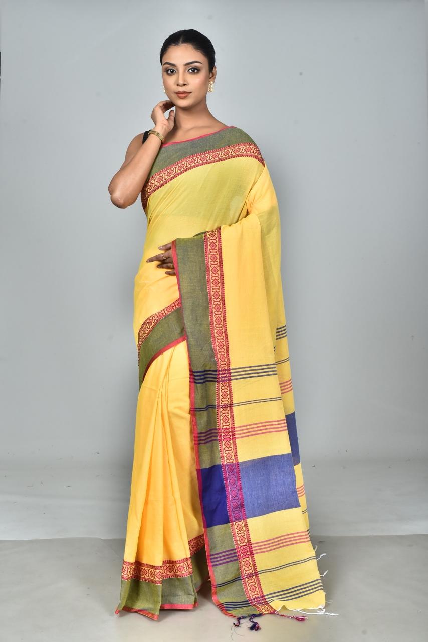 Handloom Cotton Saree — Contrast Border (5 Colors)