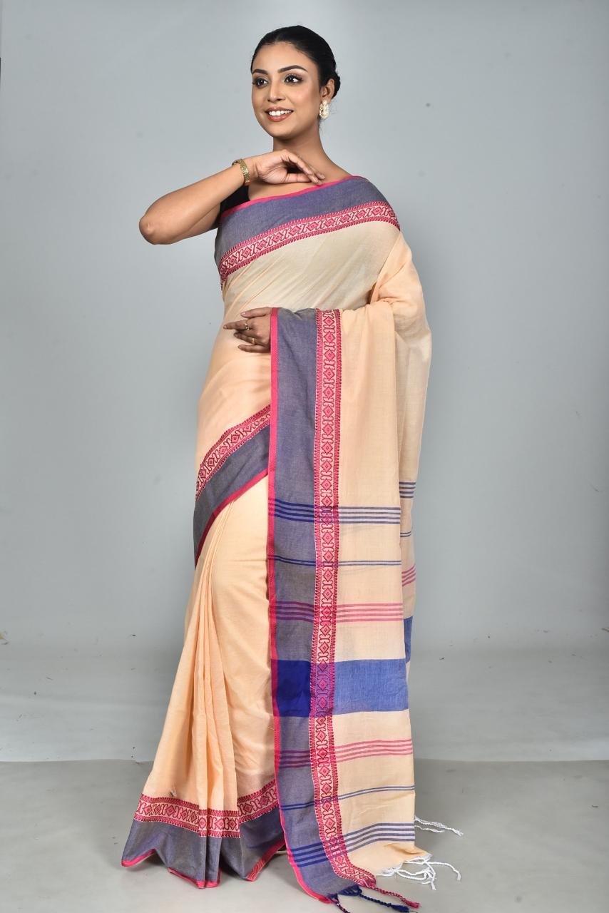 Handloom Cotton Saree — Contrast Border (5 Colors)