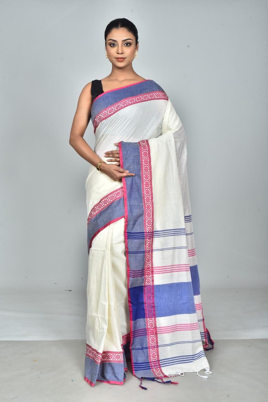 Handloom Cotton Saree — Contrast Border (5 Colors)