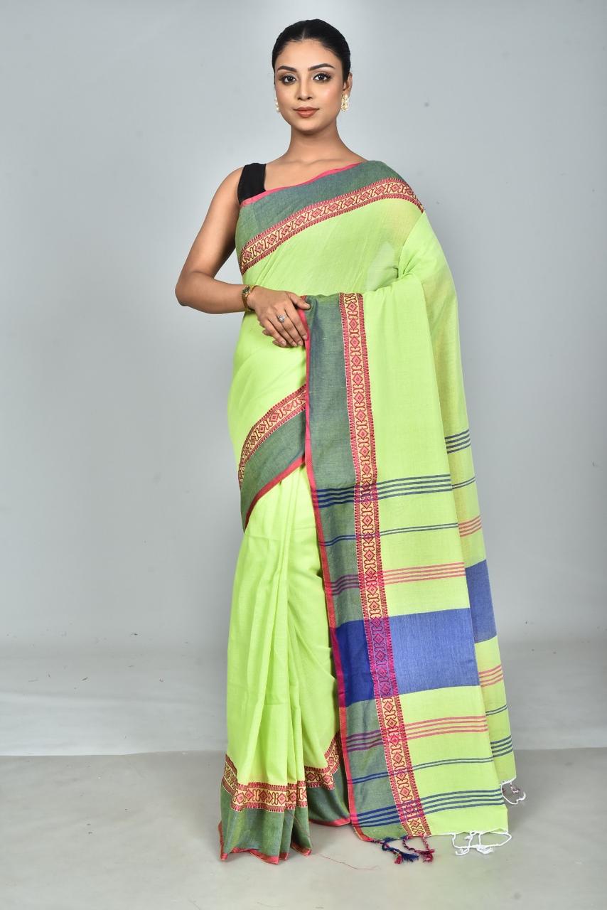 Handloom Cotton Saree — Contrast Border (5 Colors)