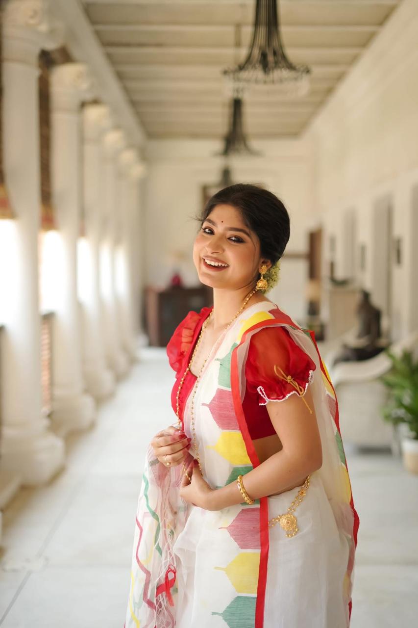 Handloom Cotton Saree – White with Multicolor Border | Festive Bengali Style