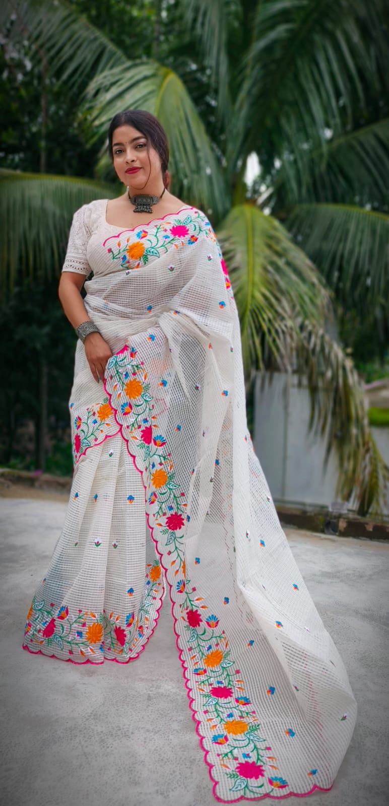 Embroidered Kota Check Saree with Scalloped Floral Border
