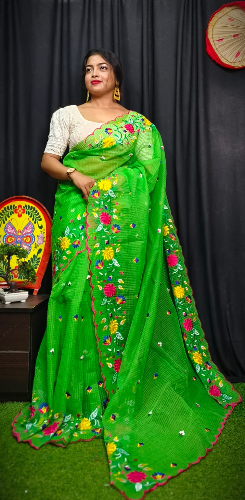 Embroidered Kota Check Saree with Scalloped Floral Border