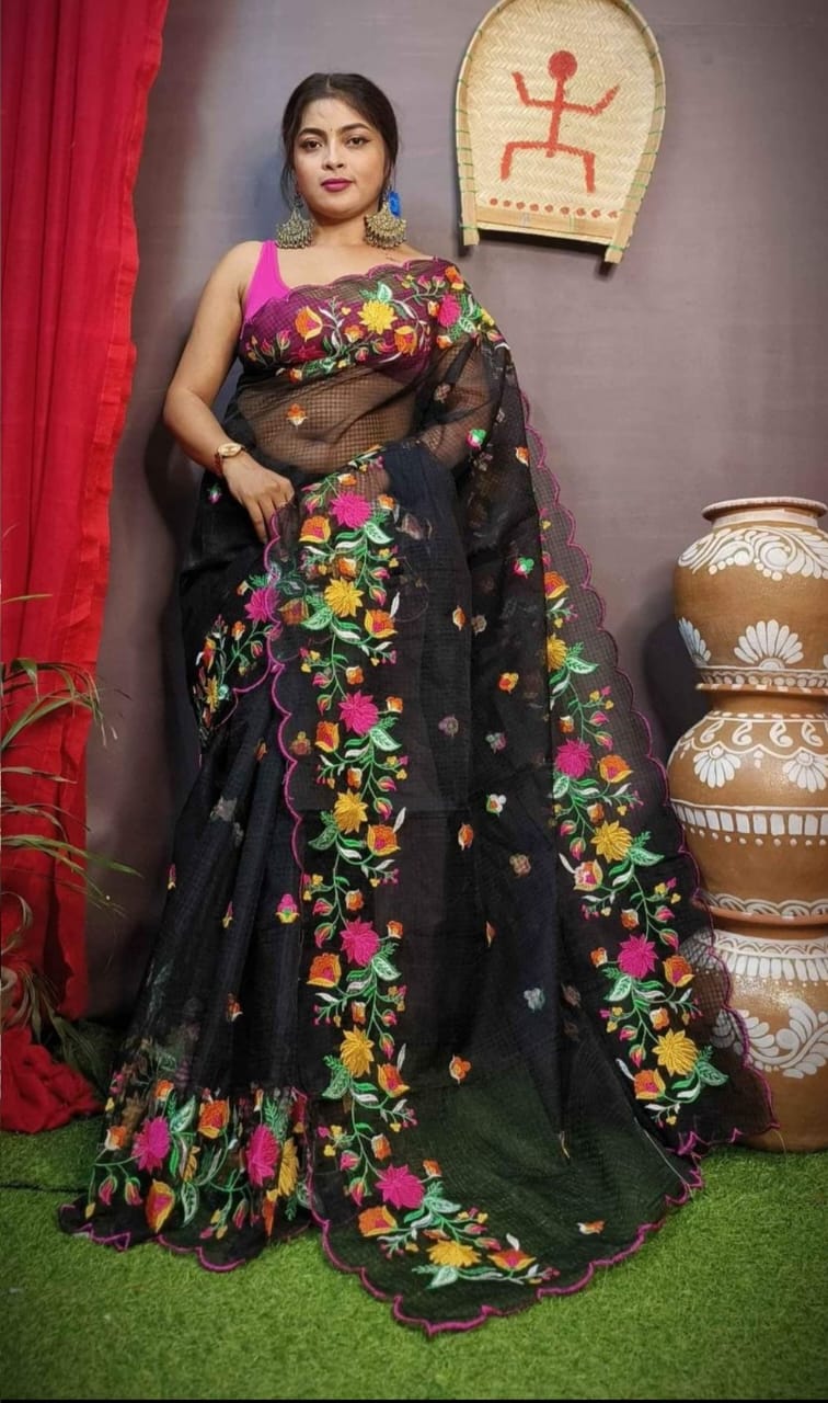 Embroidered Kota Check Saree with Scalloped Floral Border