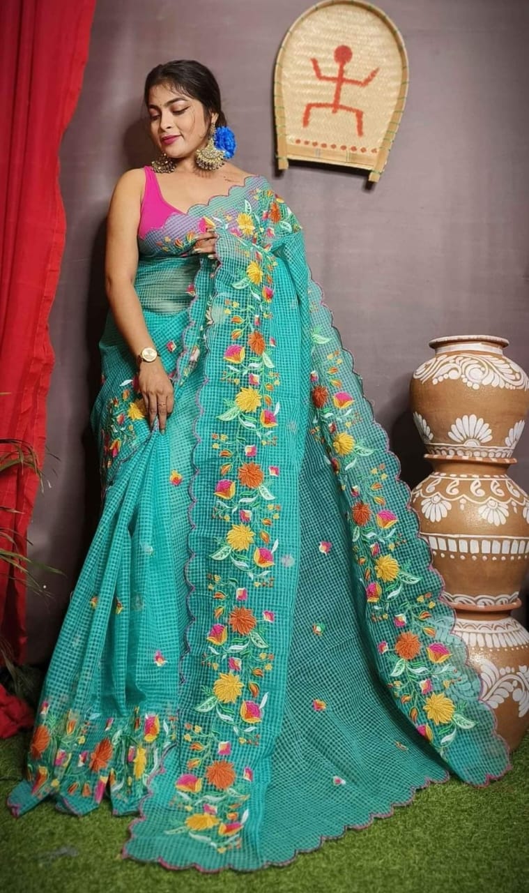Embroidered Kota Check Saree with Scalloped Floral Border
